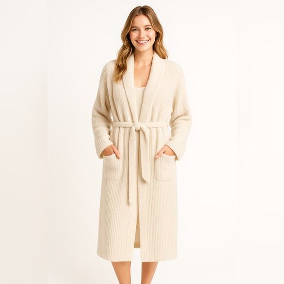 BAREFOOT DREAMS Cream Chunky Knit Cardigan Robe Oversized Long Tie Waist Large - Picture 1 of 6